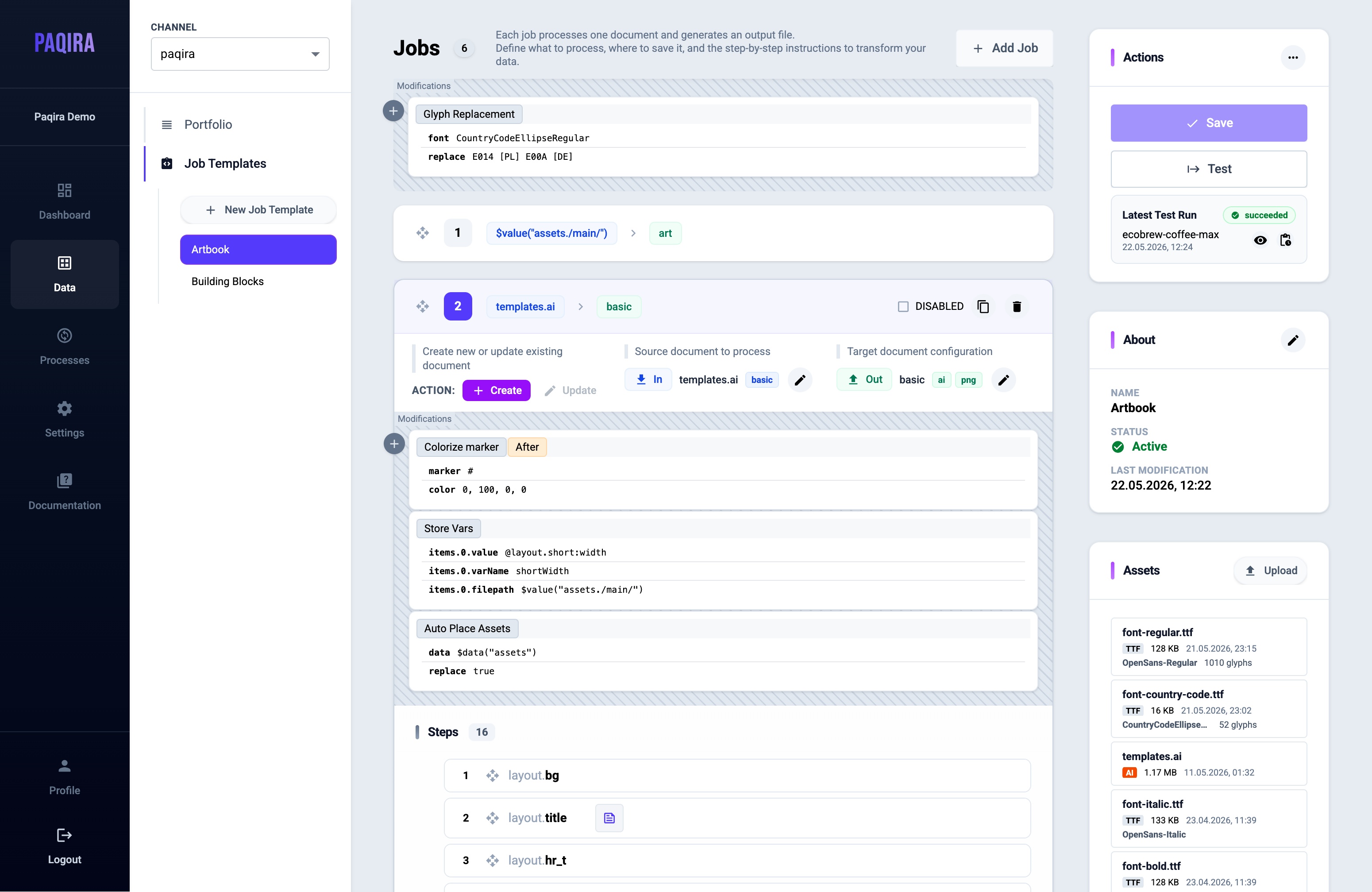 Paqira web app workspace for managing job templates and artwork generation rules