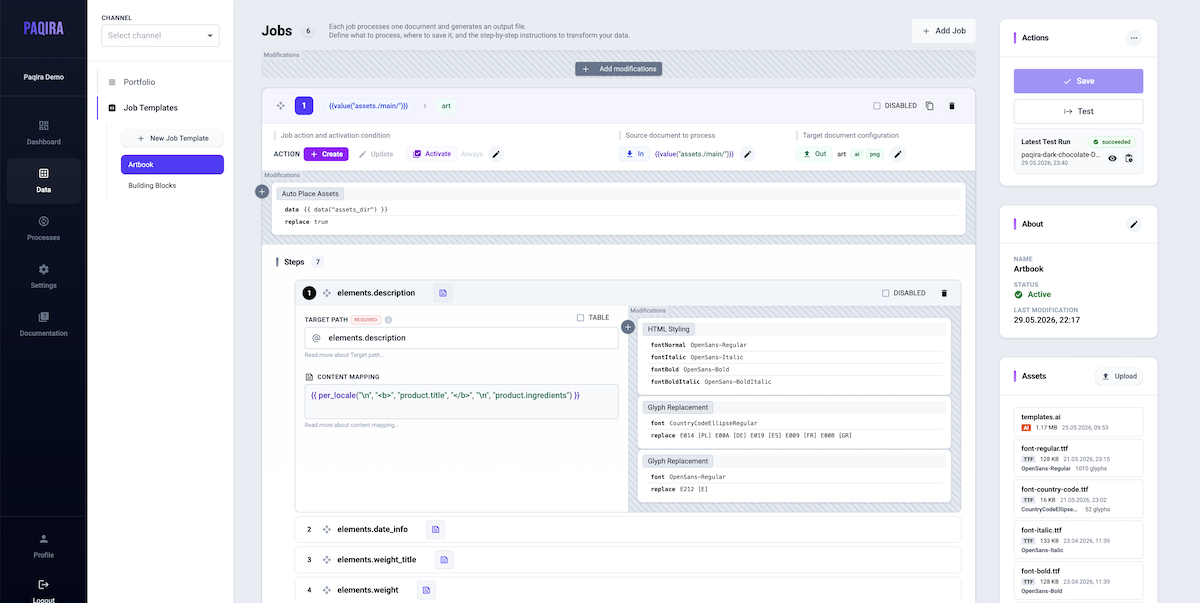 Paqira web app workspace for managing job templates and artwork generation rules