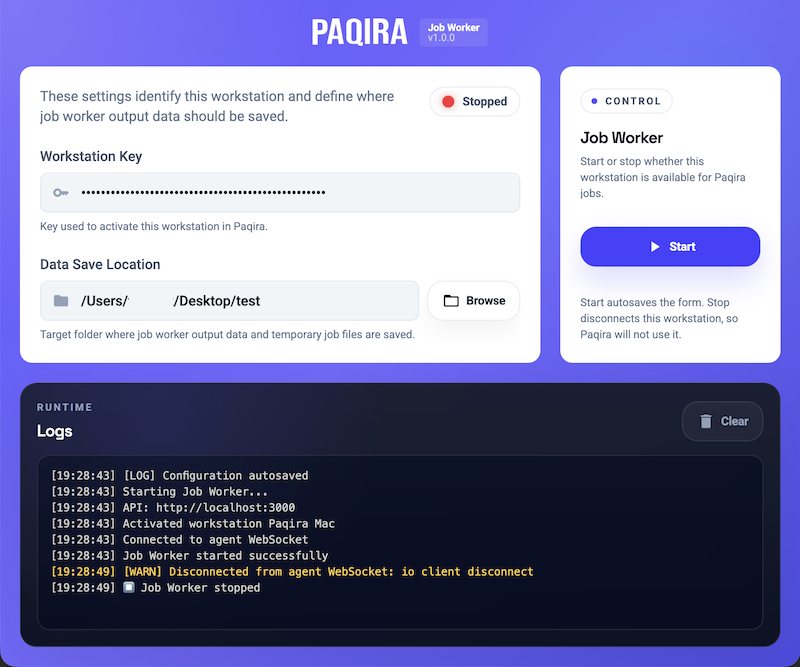 Paqira desktop worker app used to connect a workstation for generation jobs