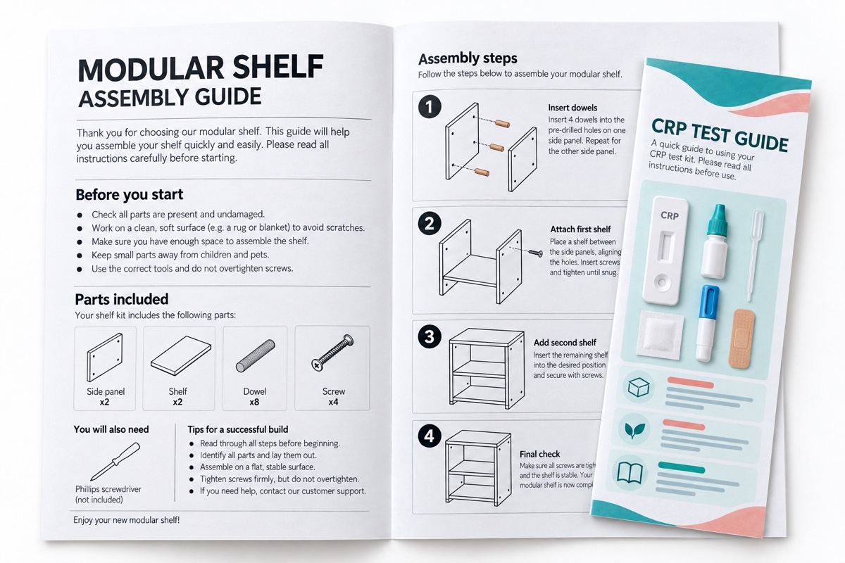 Assembly instructions and a product leaflet with diagrams and text