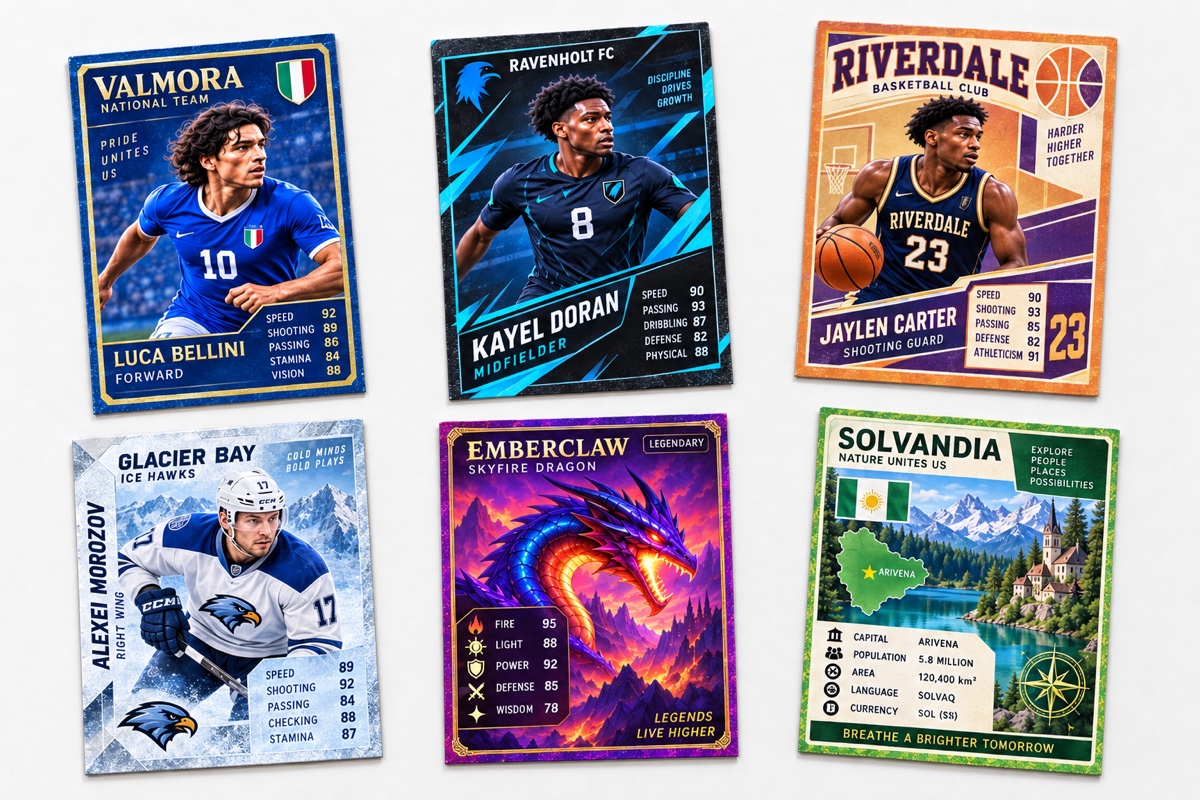 A collection of sports, fantasy and country cards with different images and data