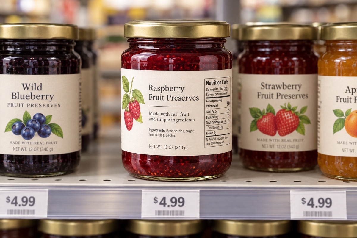 Fruit preserve jars with coordinated labels for different flavors